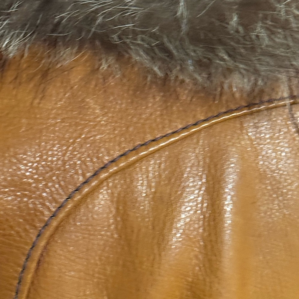 VINTAGE Mango Road Inc Leather Fur Jacket Trench Coat Long Penny Lane XS S Brown - Picture 10 of 14